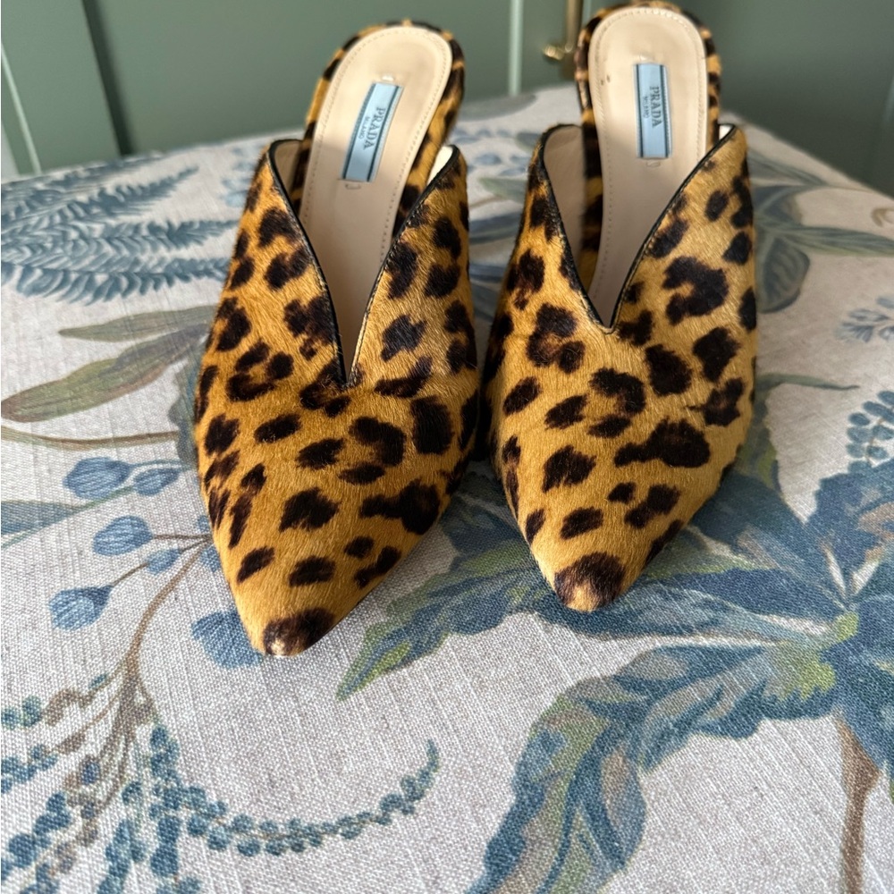Prada Leopard Print Ponyhair Mules 39